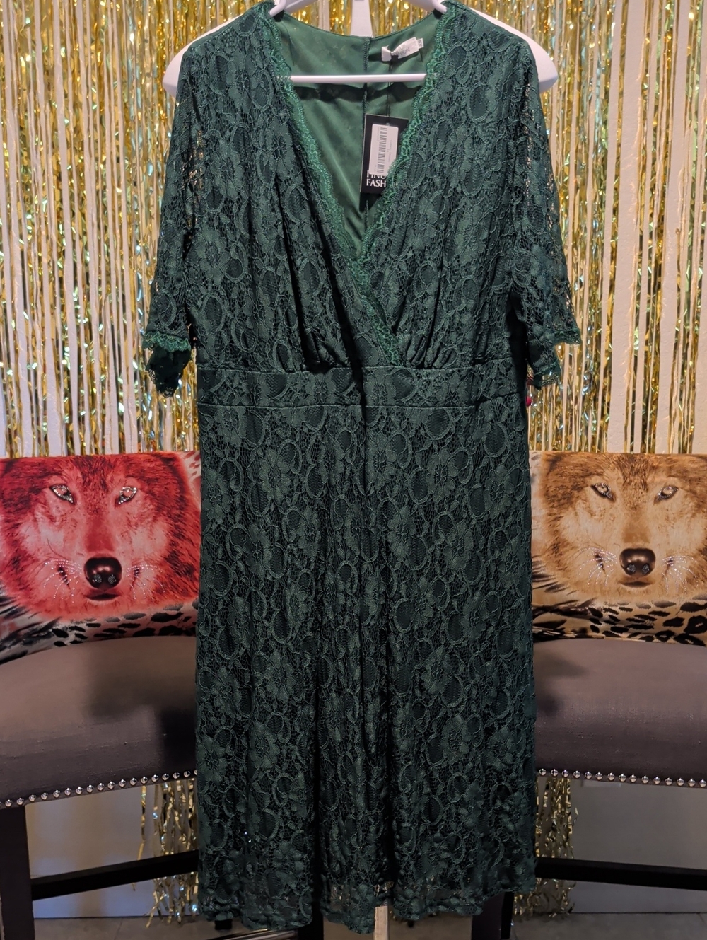 Forest Green Lace Midi Dress with V-Neck By Pinup Fashion, Size 20W